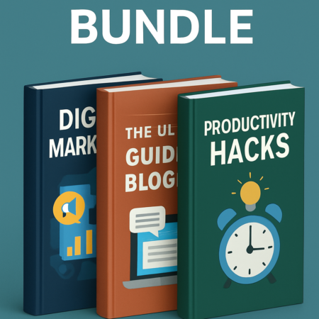 “3D-rendered ebook bundle featuring three standing hardcover-style digital books labeled Digital Marketing, Blogging Guide, and Productivity Hacks, displayed against a clean teal background.”