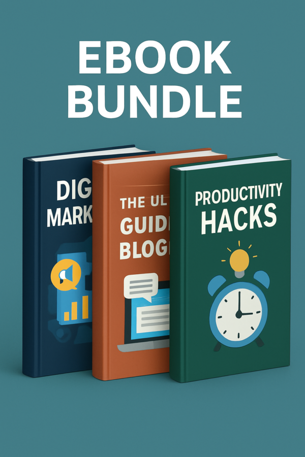 “3D-rendered ebook bundle featuring three standing hardcover-style digital books labeled Digital Marketing, Blogging Guide, and Productivity Hacks, displayed against a clean teal background.”