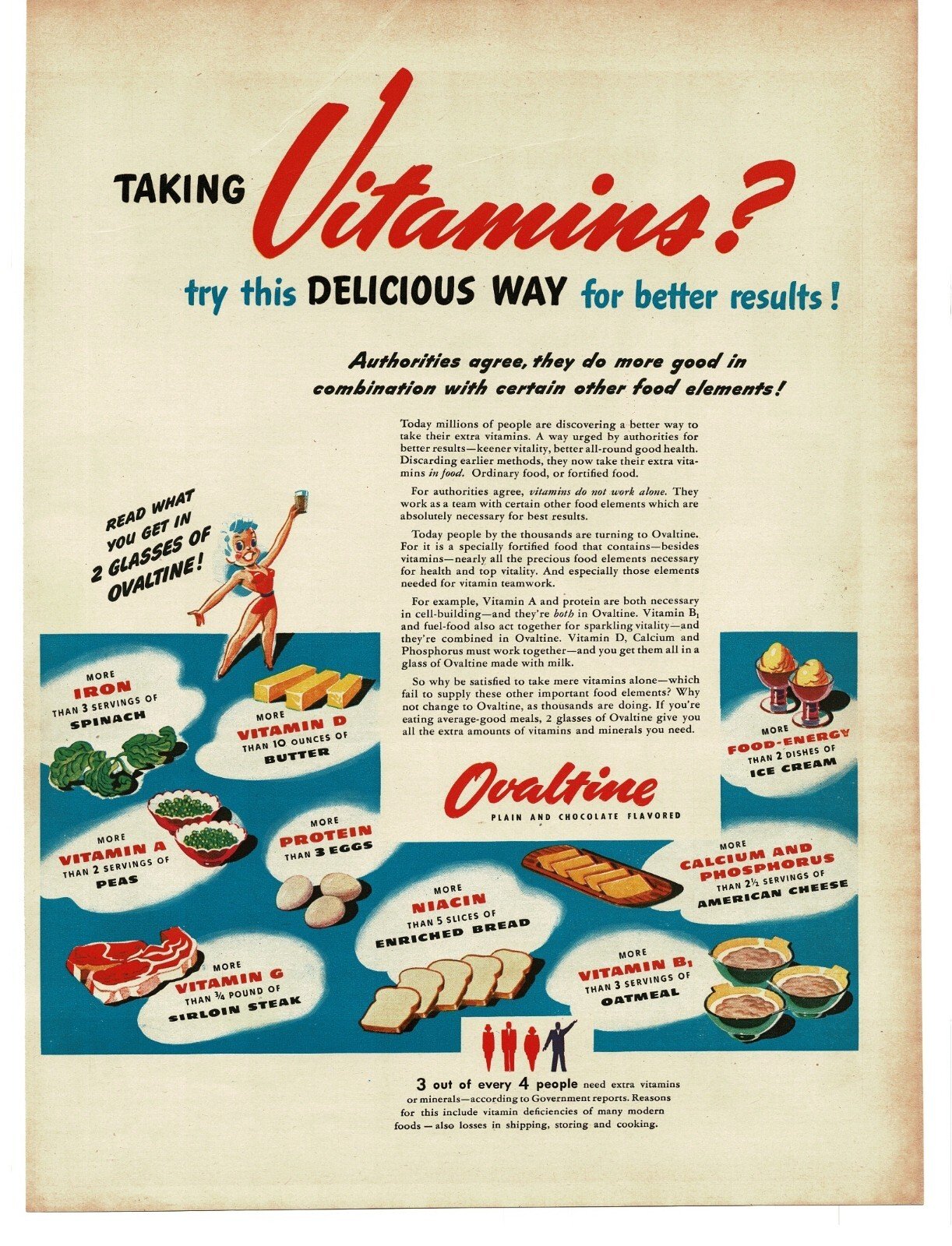 1945 Ovaltine Chocolate Drink Mix More Vitamins Vintage Print Ad