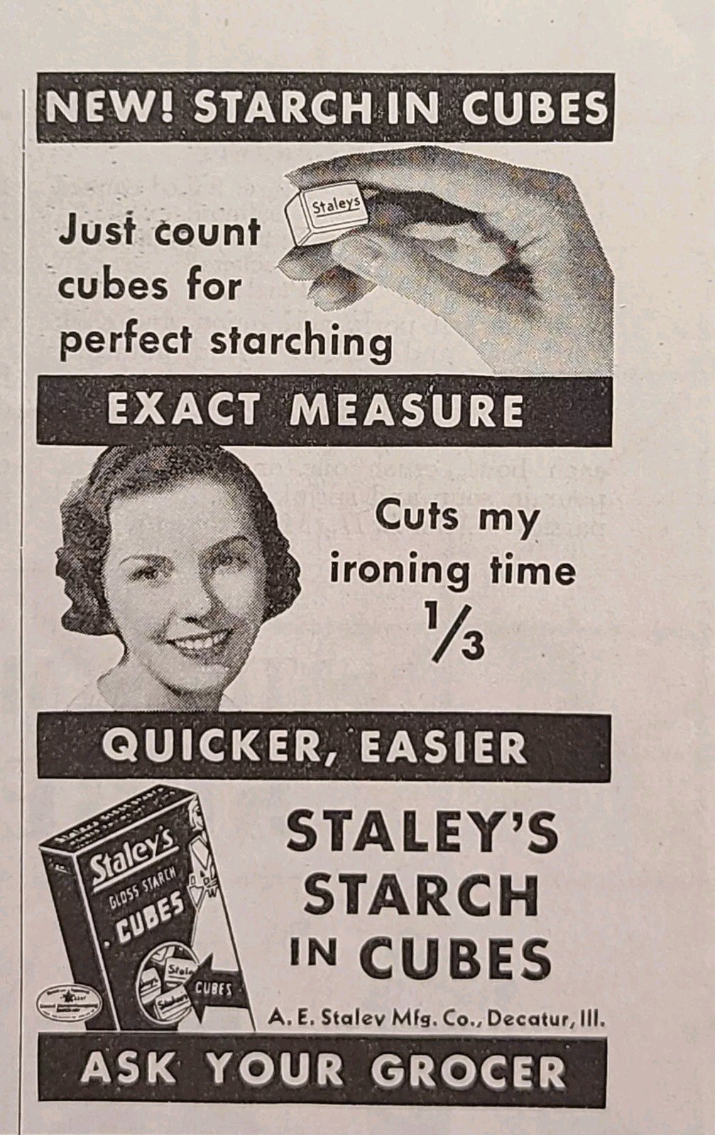 Staley’s Decatur IL Laundry Starch Cubes Vintage Print Ad 1938
