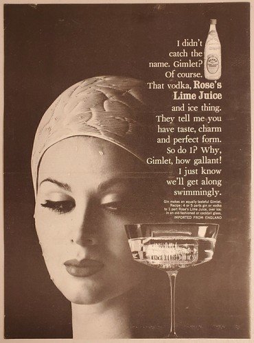 1961 Print Ad Rose’s Lime Juice Imported from England Lady & Gimlet in Glass